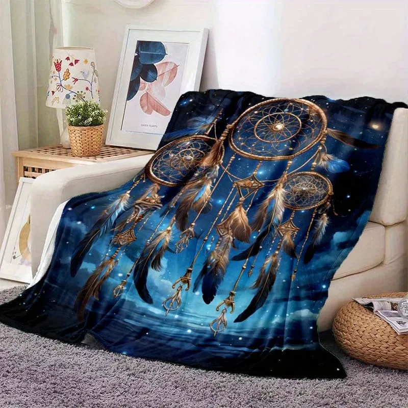 1pc Blue Dream Catcher Thin Blanket - Lightweight Flannel Throw For Sofa, Bed, Travel, Camping, Livingroom, Office, Couch, Chair