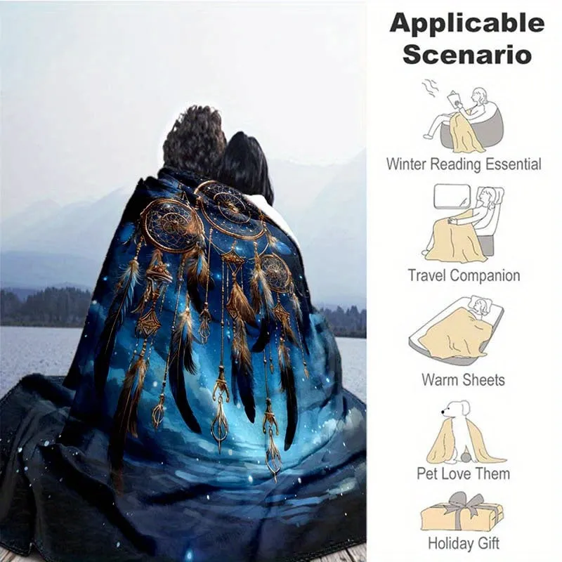 1pc Blue Dream Catcher Thin Blanket - Lightweight Flannel Throw For Sofa, Bed, Travel, Camping, Livingroom, Office, Couch, Chair