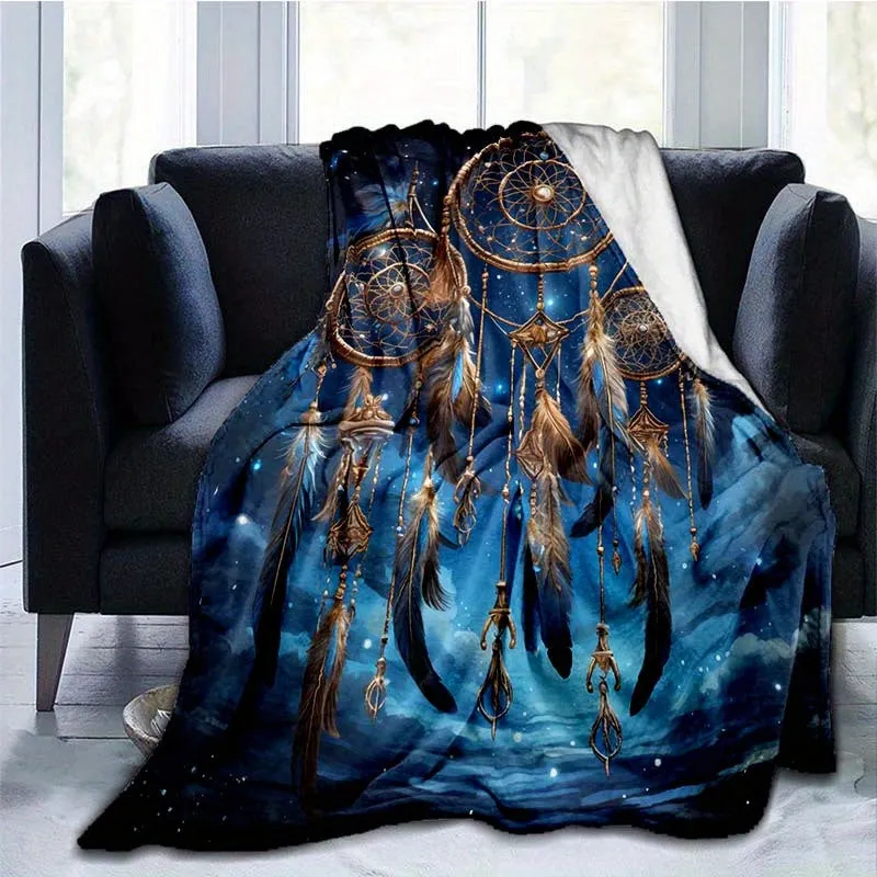 1pc Blue Dream Catcher Thin Blanket - Lightweight Flannel Throw For Sofa, Bed, Travel, Camping, Livingroom, Office, Couch, Chair