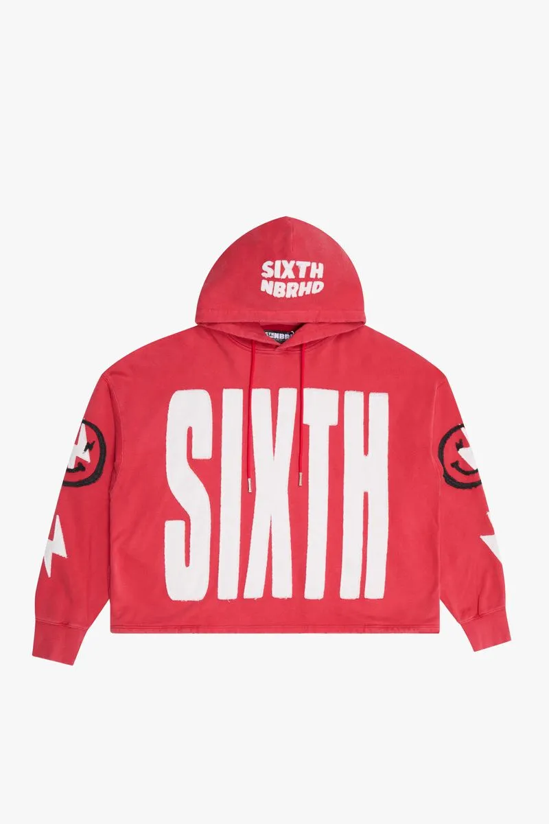 6th Nbrhd Patches Wash Red Cropped Pullover