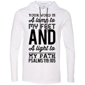 Bible Verse Men Long Sleeve T-Shirt Hoodie - Your Word Is Light To My Path ~Psalm 119:105~ Design 3 (Black Font)