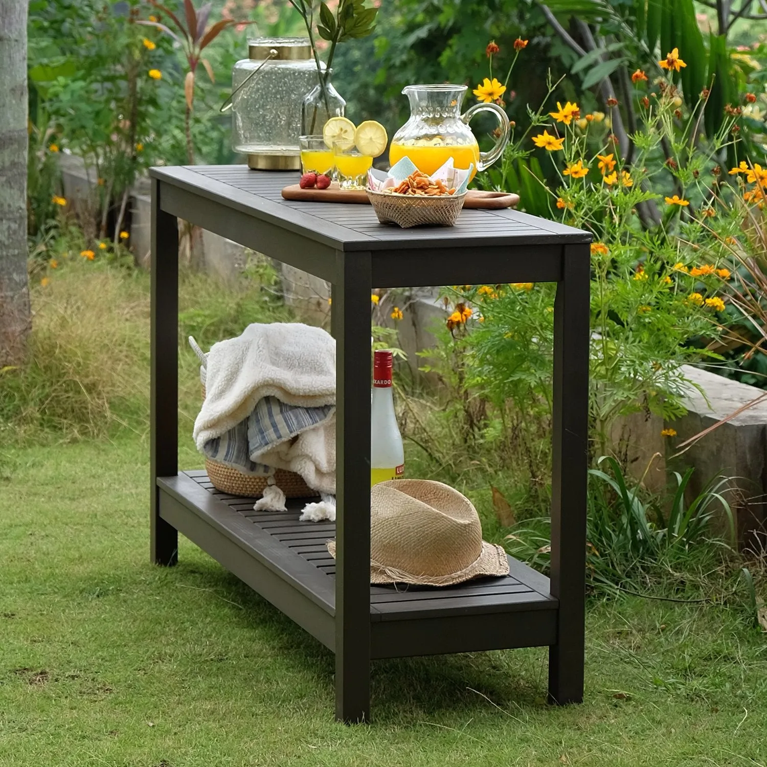 Carlota Mahogany Wood Dark Gray Outdoor Console Table