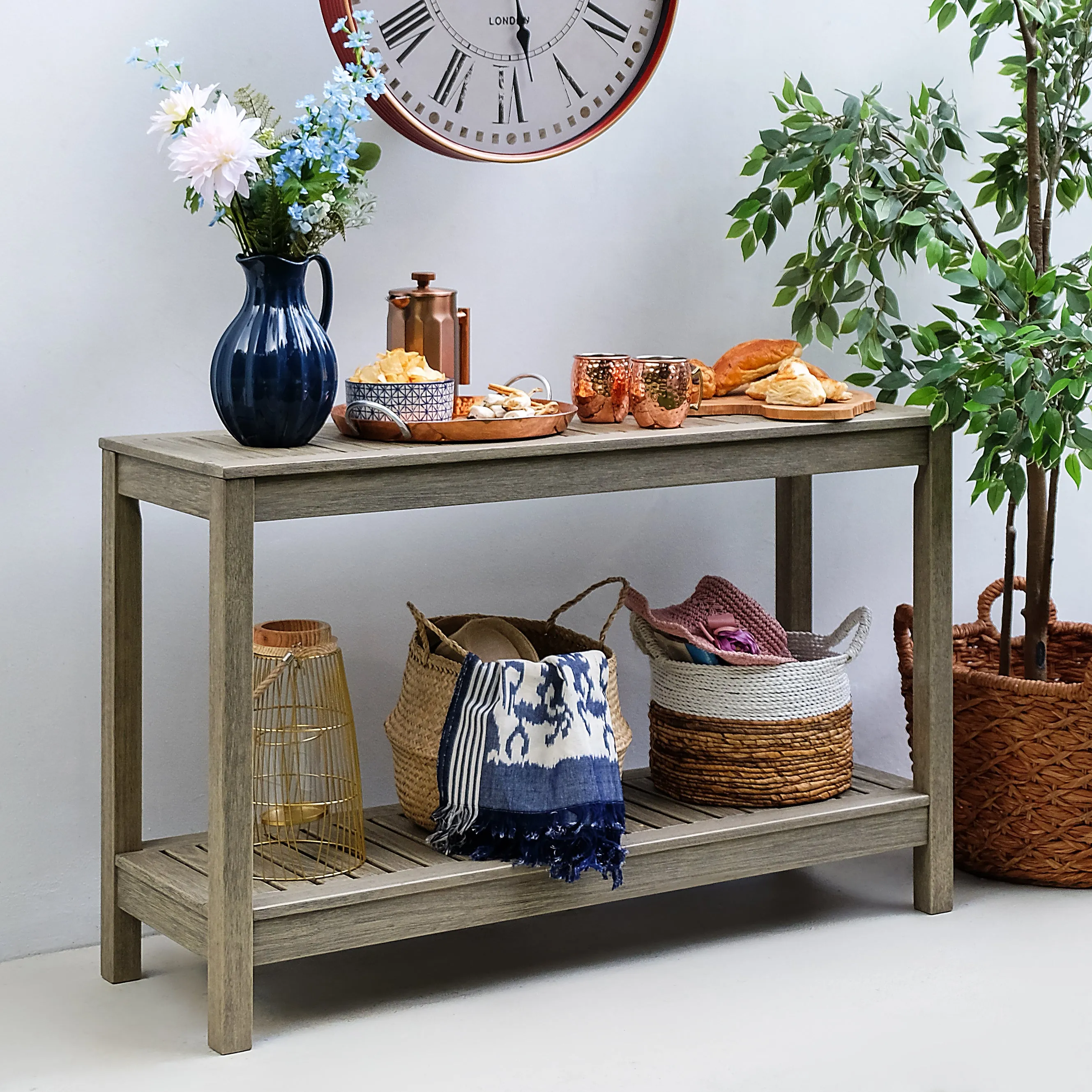 Carlota Mahogany Wood Weathered Gray Outdoor Console Table