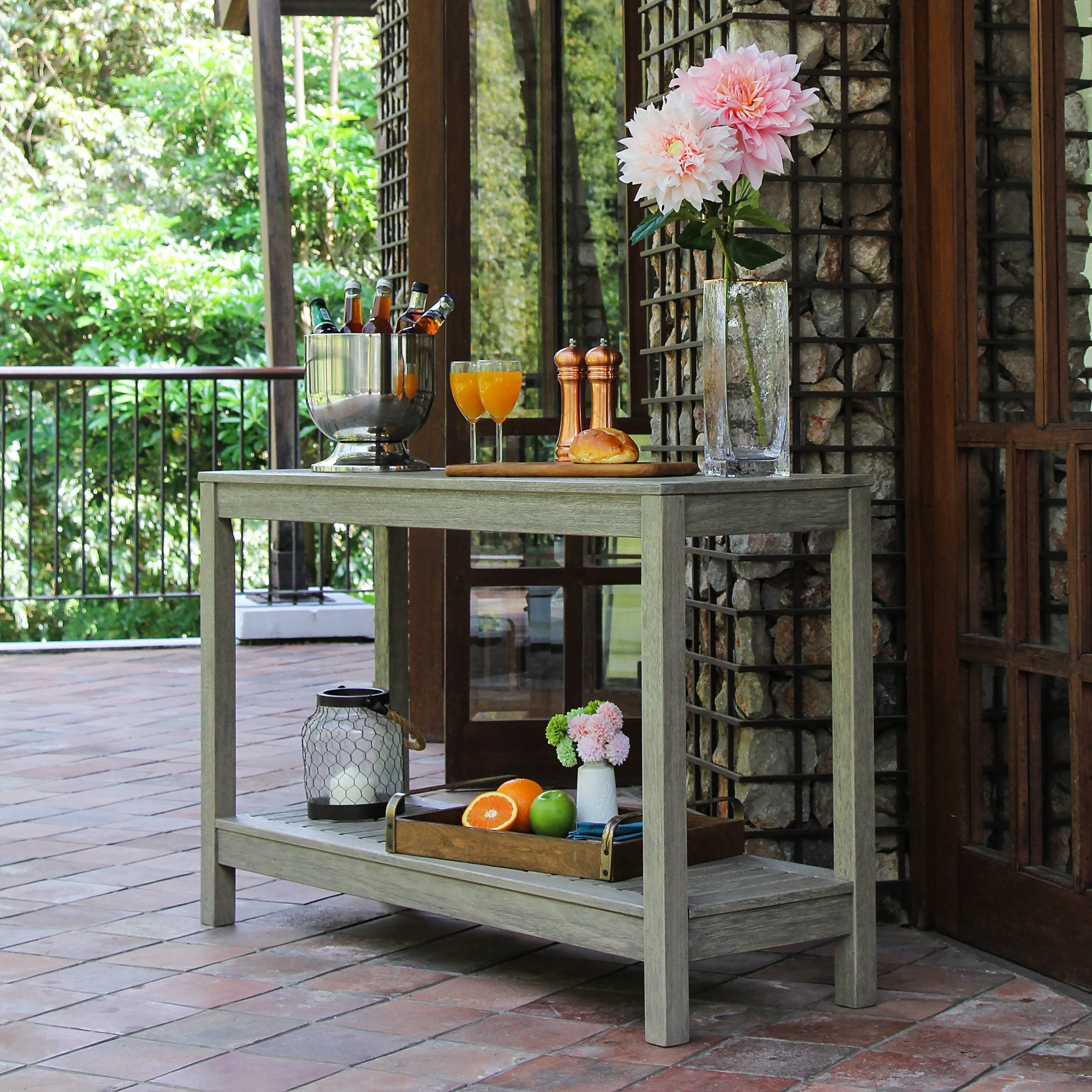 Carlota Mahogany Wood Weathered Gray Outdoor Console Table