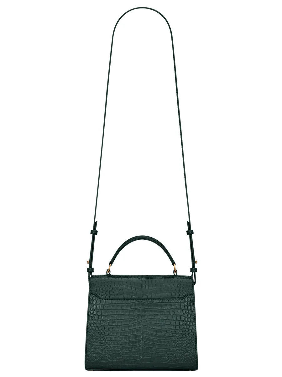 Cassandra Mini Top Handle Bag in Crocodile-Embossed Shiny Leather