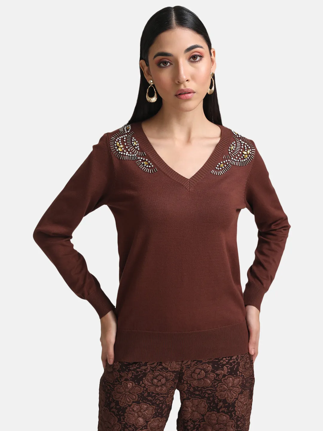 Embellished  V-Neck Pullover