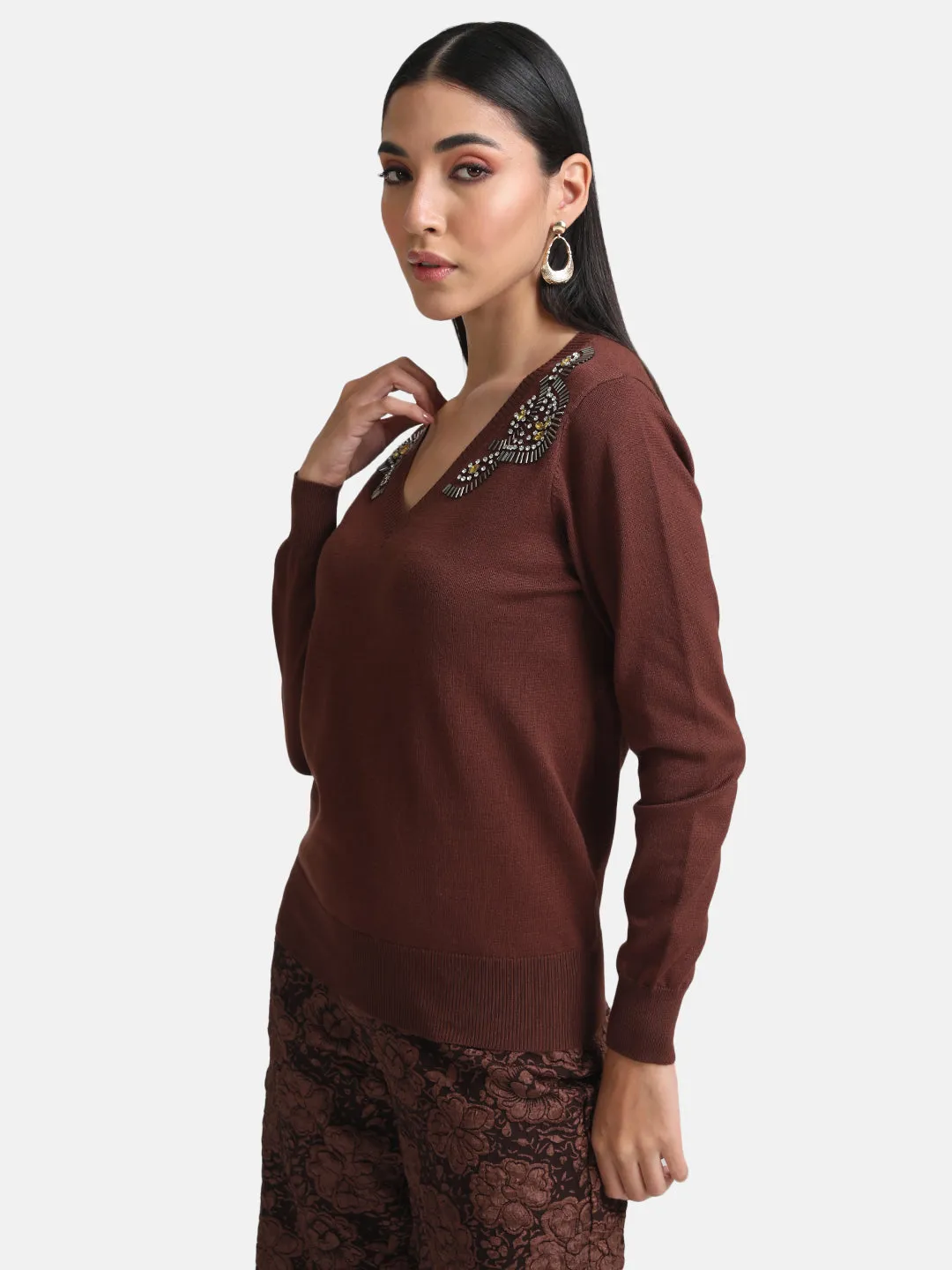 Embellished  V-Neck Pullover