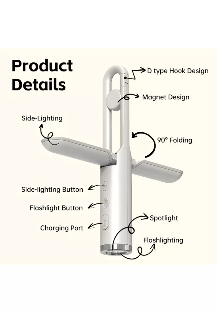 FUNKY.sg [Grey] 10hr Outdoor Camping Light Flashlight Work Light Garden Lamp Fishing Light with Hook USB Rechargeable