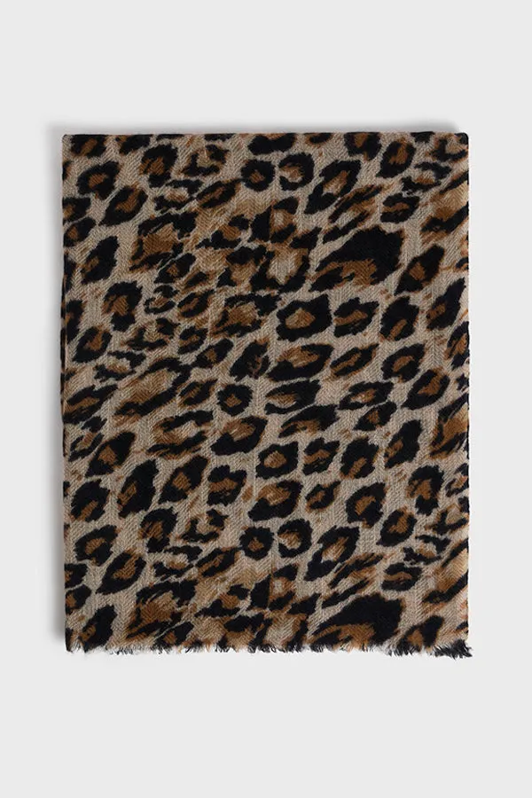 Gerard Darel DANY BROWN WOOL CASHMERE LEOPARD SCARF