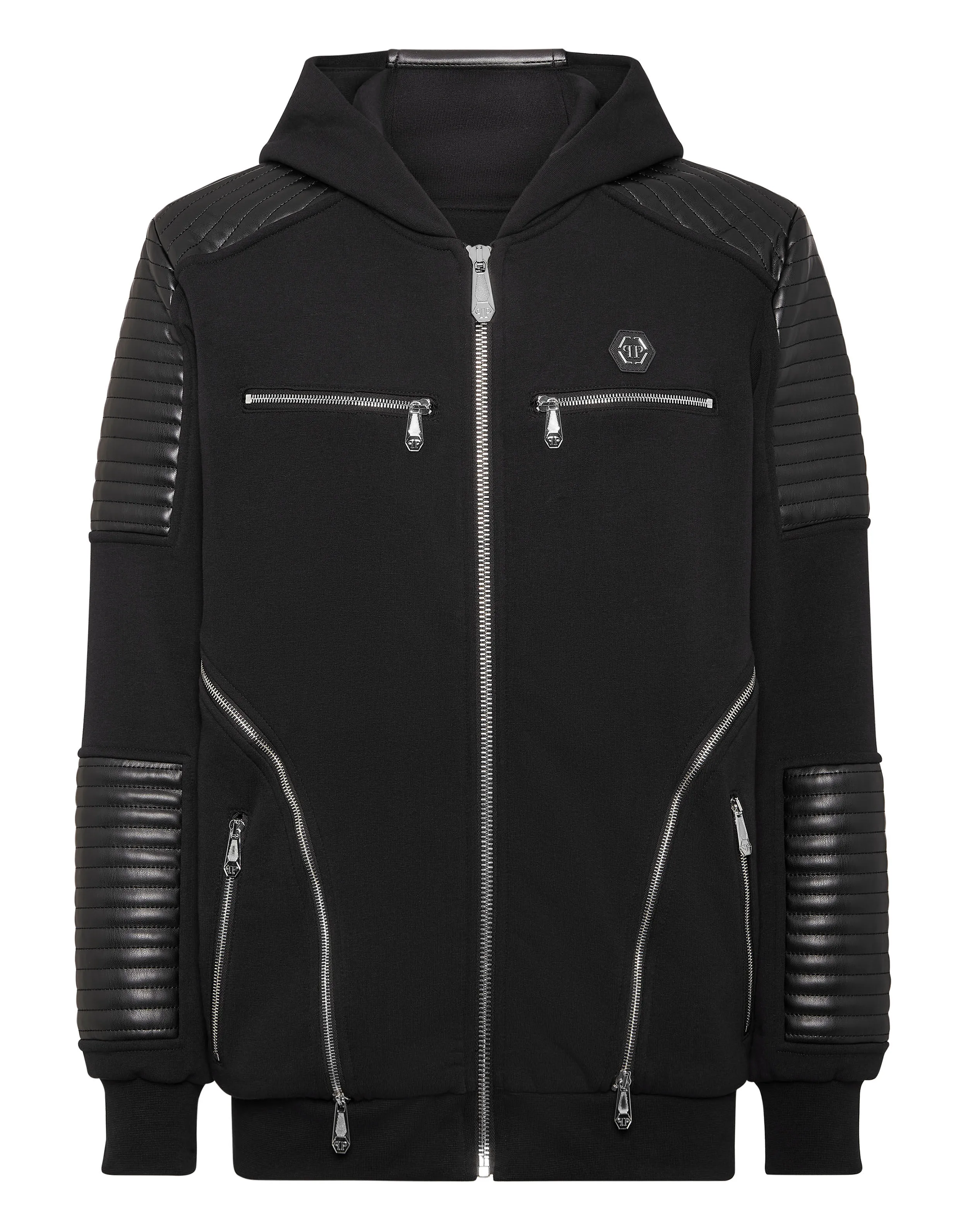 Hoodie Sweatjacket  With Leather And Nylon Inserts