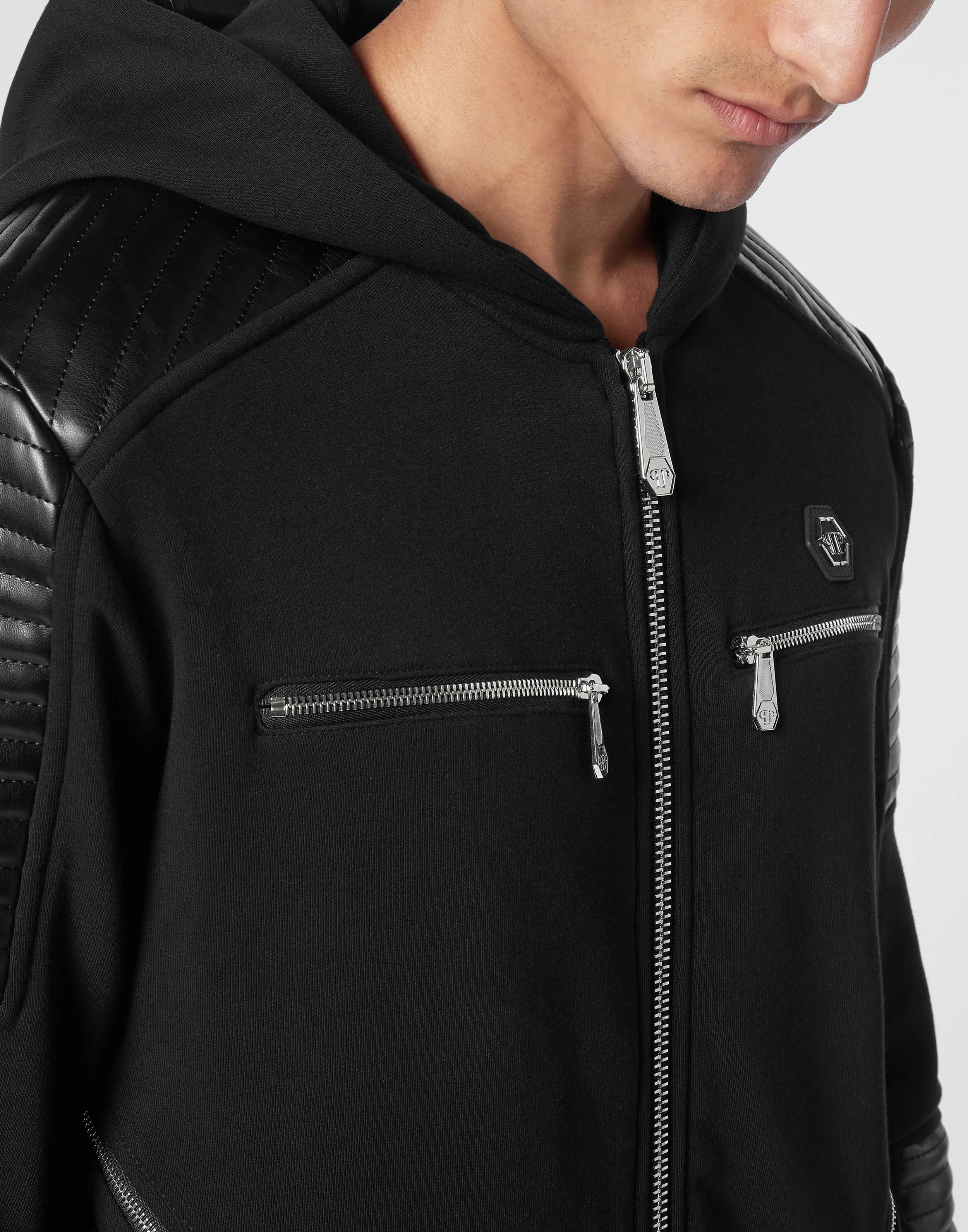 Hoodie Sweatjacket  With Leather And Nylon Inserts