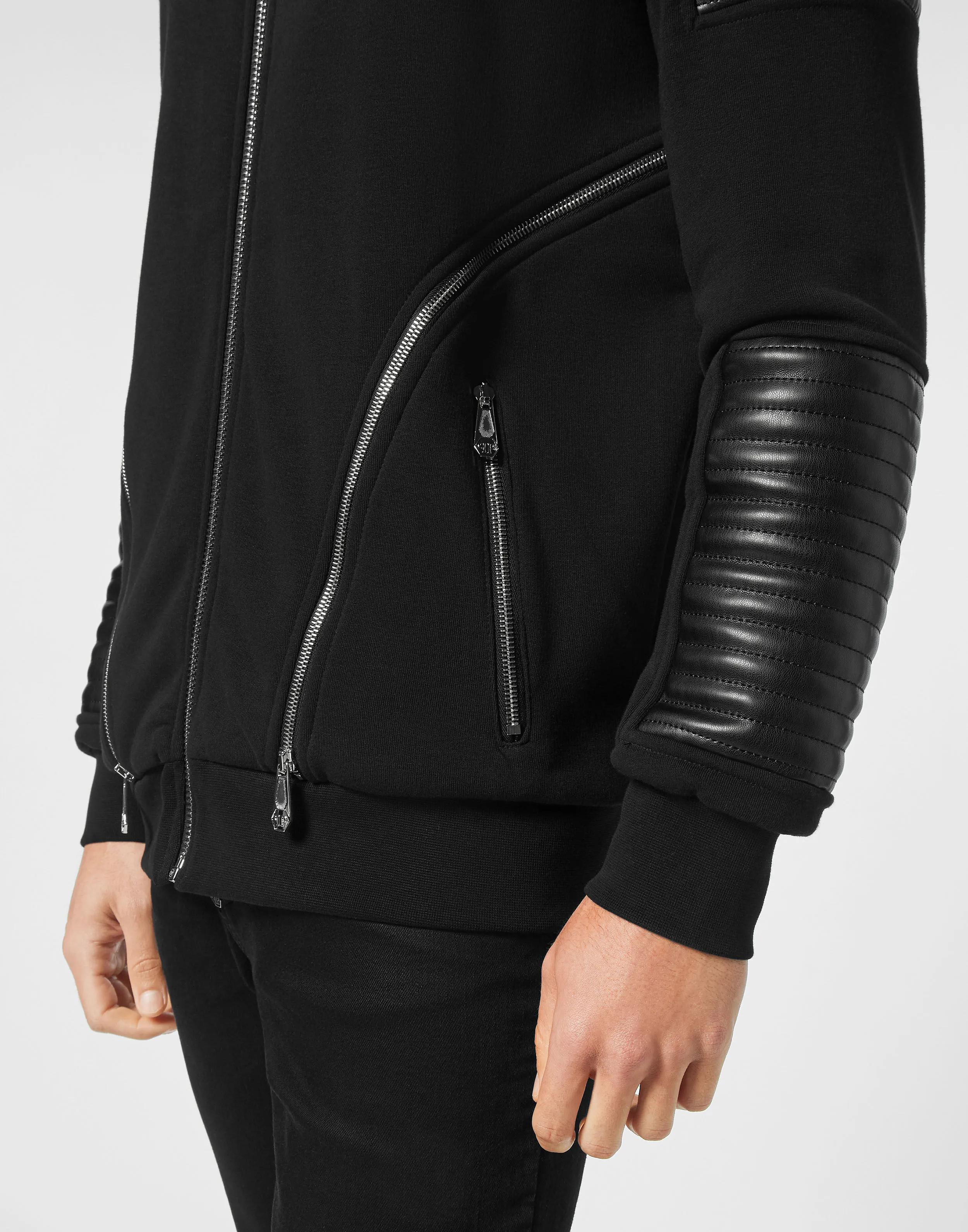 Hoodie Sweatjacket  With Leather And Nylon Inserts