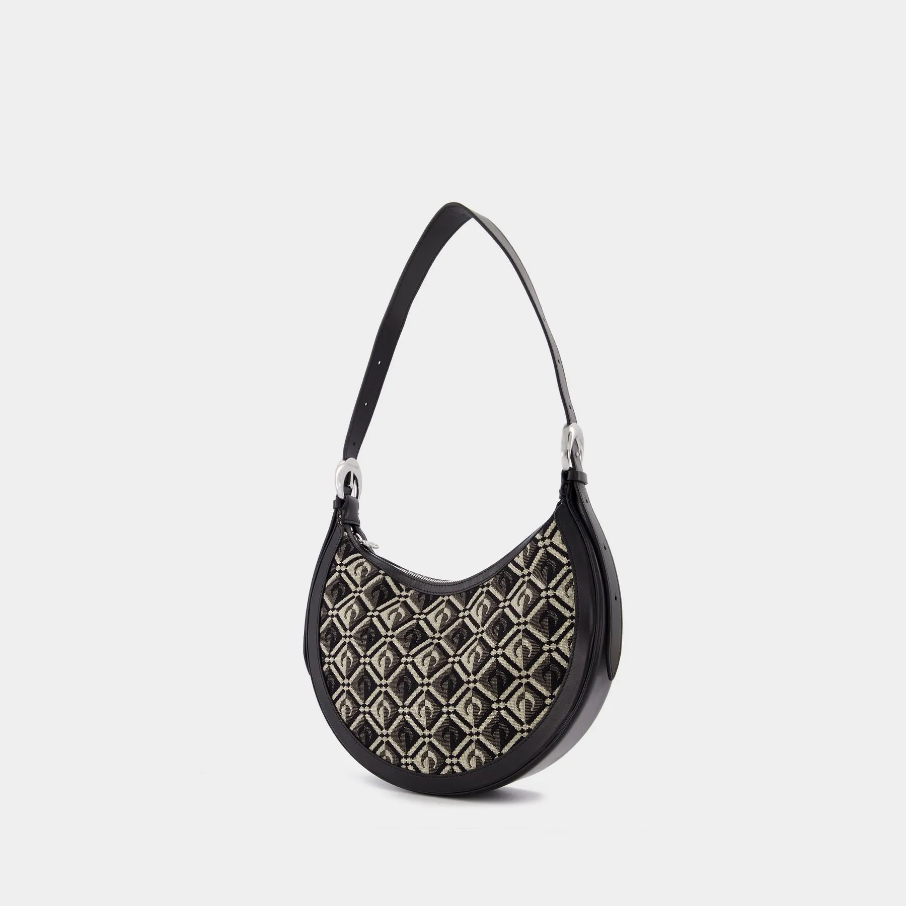 Marine Serre  Crescent Moon Diamond Canvas Bag with Black Leather