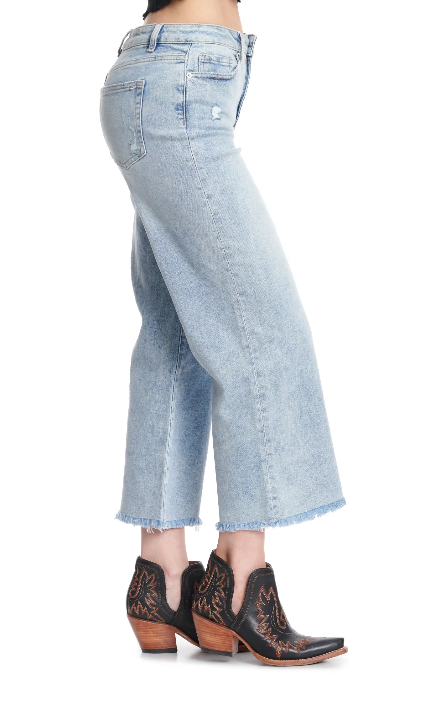 Mica Women's Light Wash Distressed High Rise Cropped Wide Leg Jeans