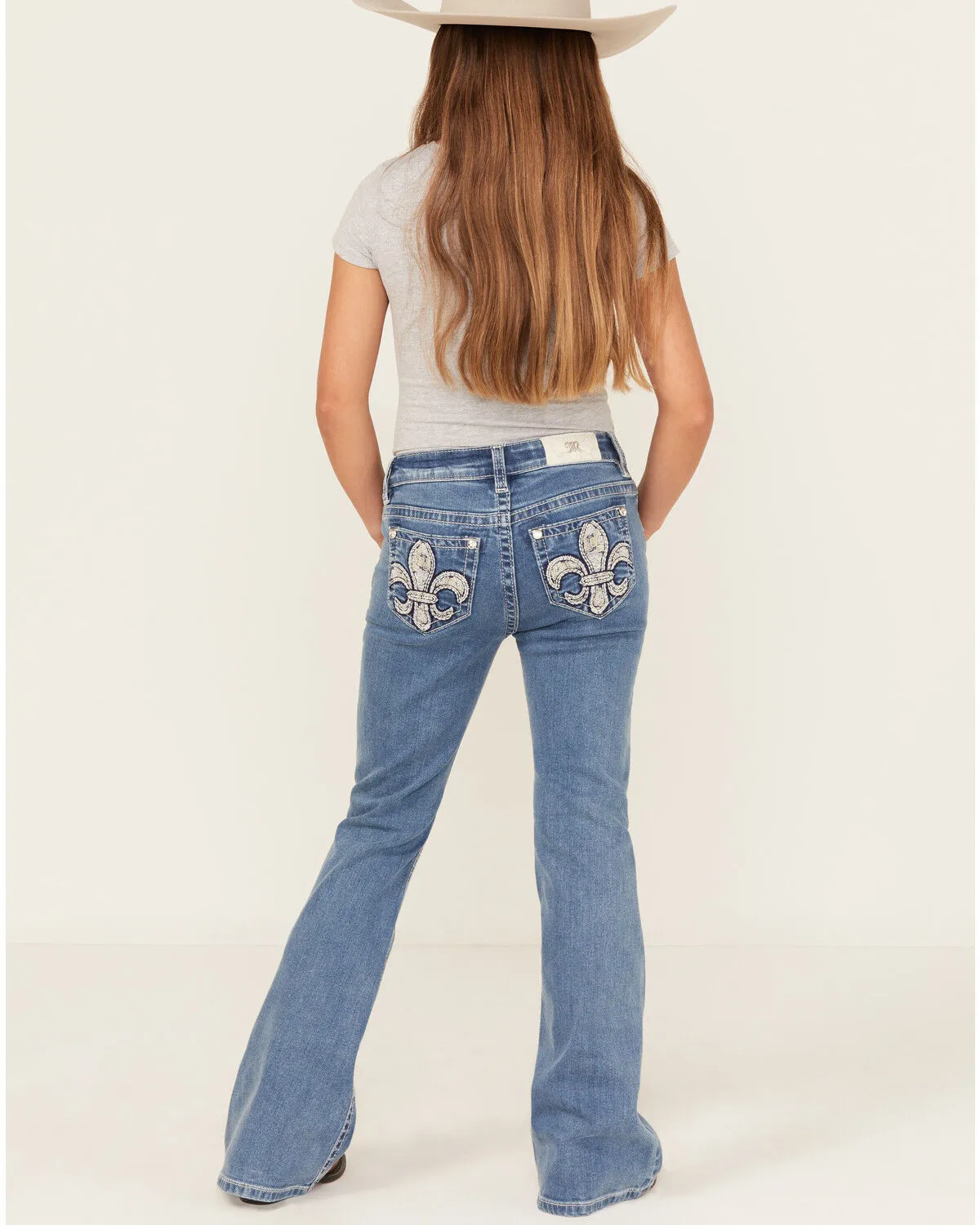 Miss Me Girls' Medium Wash Fleur de Lis Pocket Flare Stretch Denim Jeans