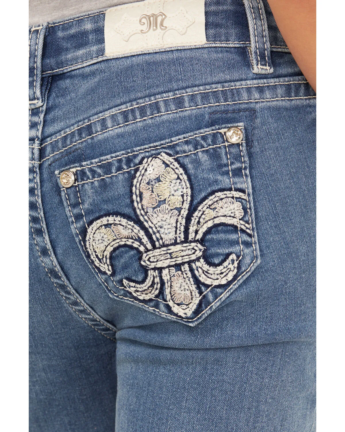 Miss Me Girls' Medium Wash Fleur de Lis Pocket Flare Stretch Denim Jeans