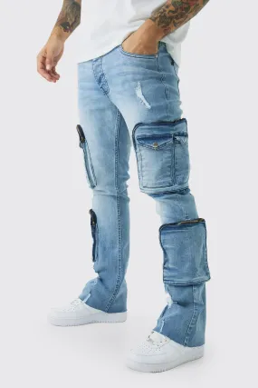 Raw Seam Stretch Skinny Ripped Cargo Flared Jeans