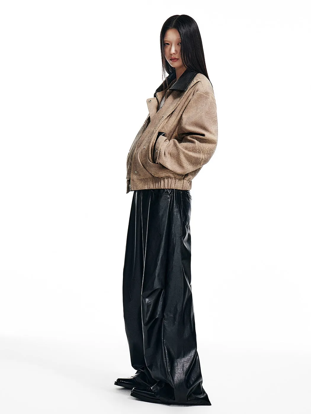 Retro Oil Leather Waistband Wide-leg Pants