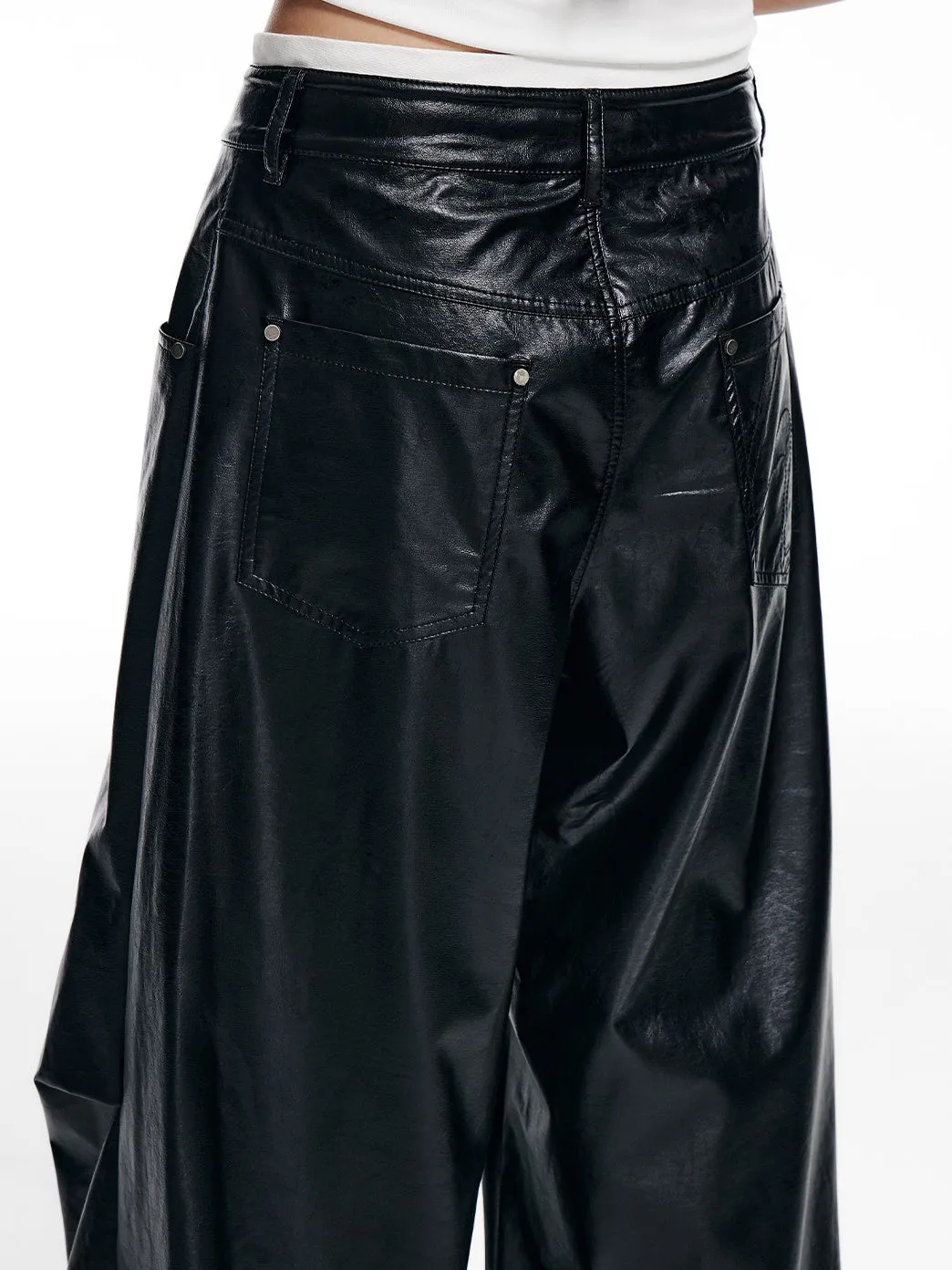 Retro Oil Leather Waistband Wide-leg Pants