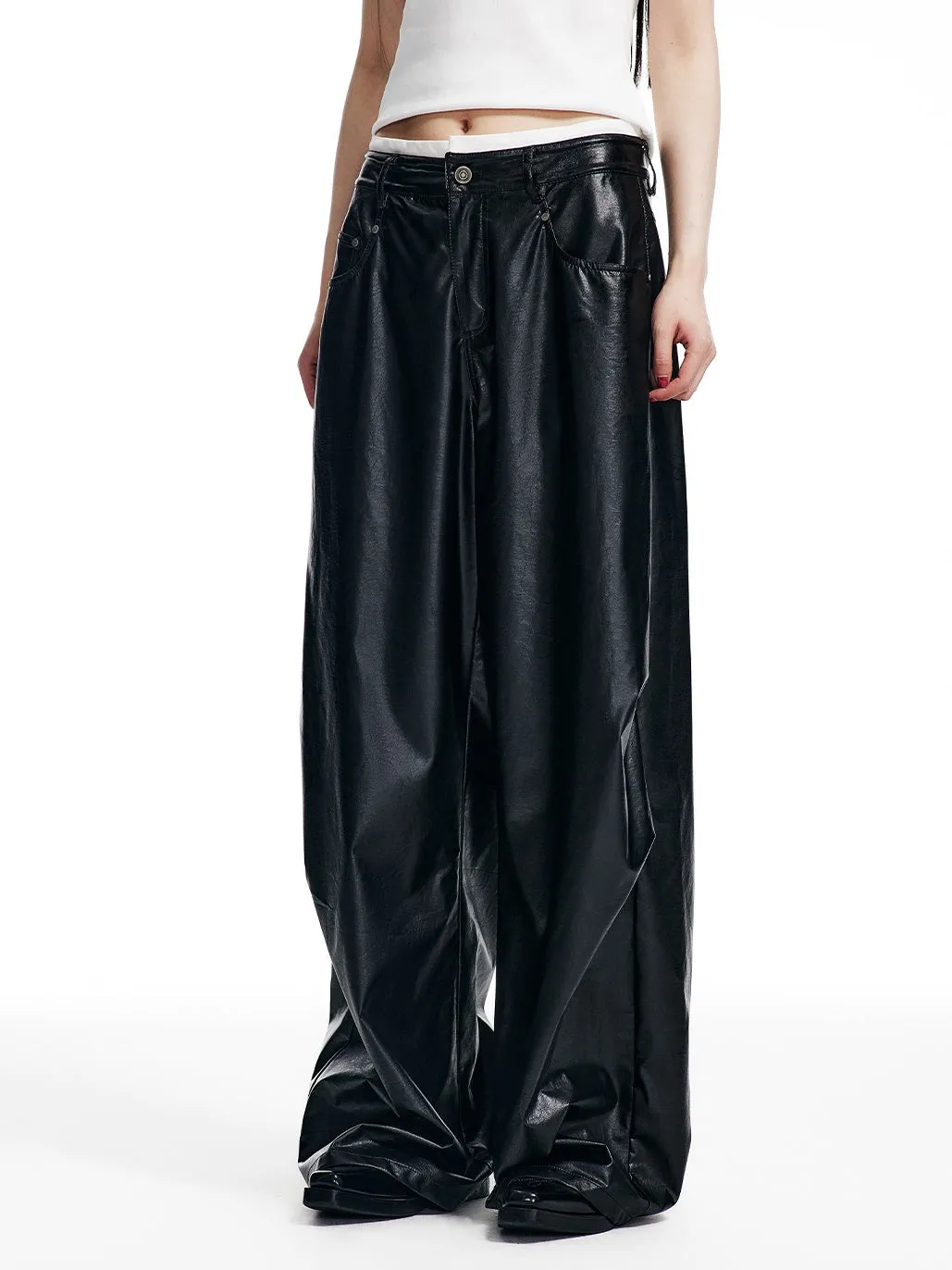 Retro Oil Leather Waistband Wide-leg Pants