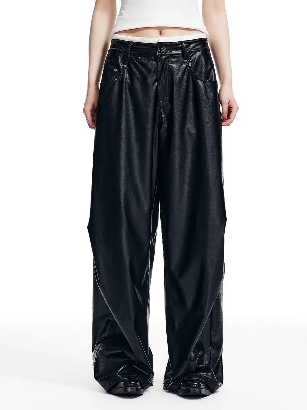 Retro Oil Leather Waistband Wide-leg Pants