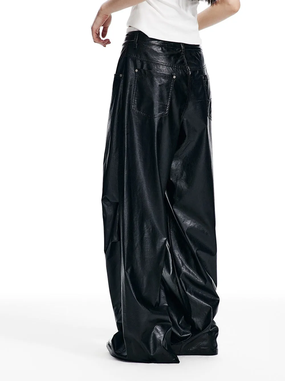 Retro Oil Leather Waistband Wide-leg Pants