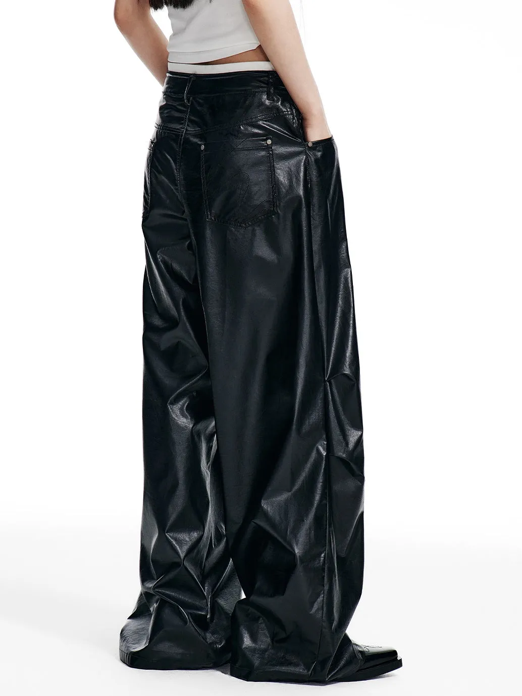 Retro Oil Leather Waistband Wide-leg Pants