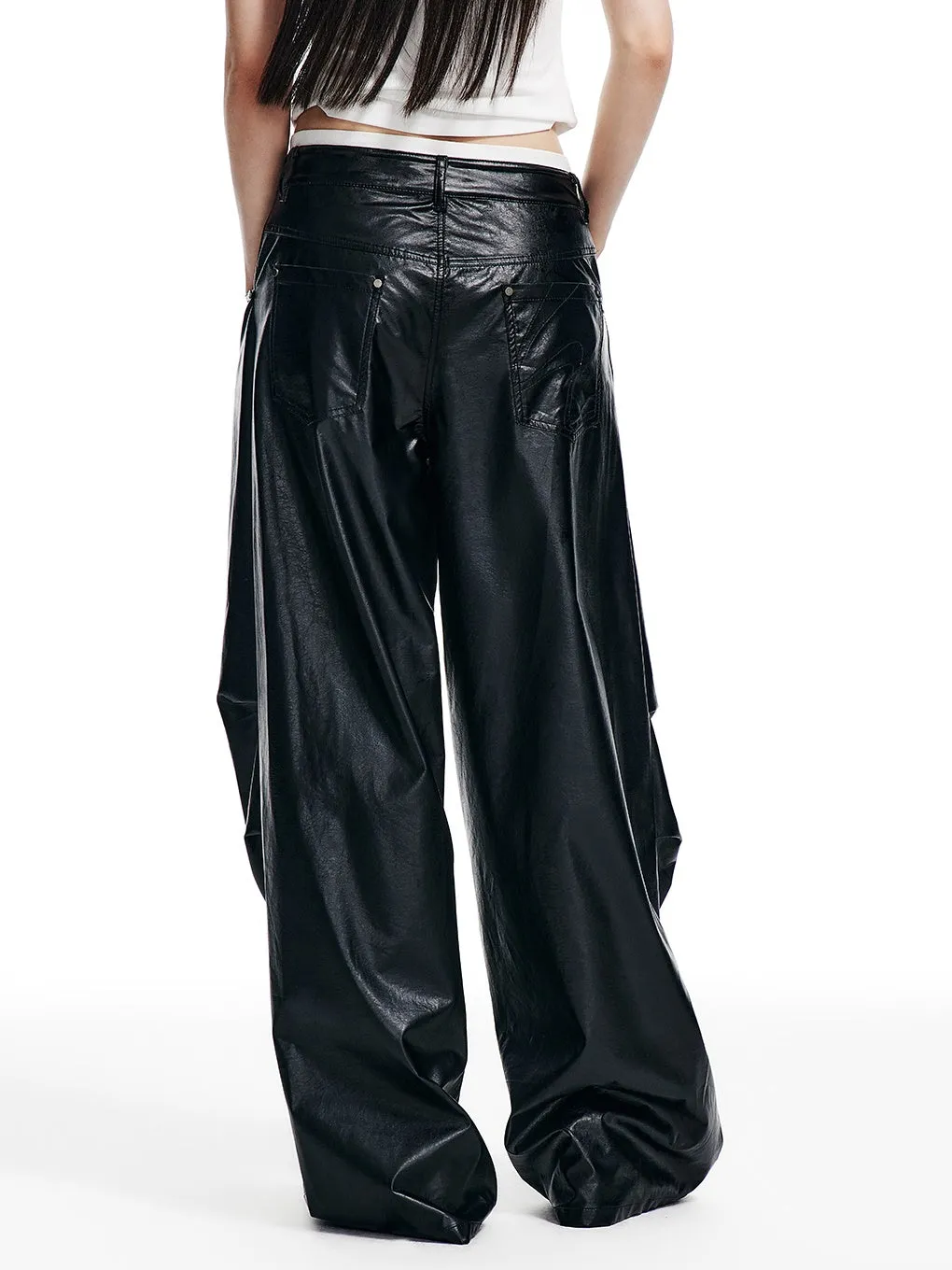 Retro Oil Leather Waistband Wide-leg Pants