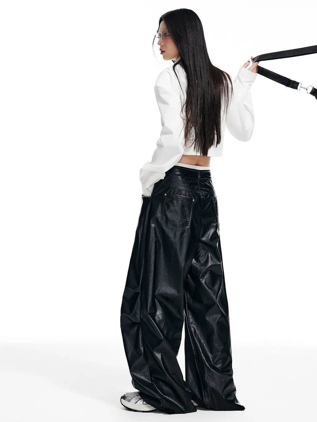 Retro Oil Leather Waistband Wide-leg Pants