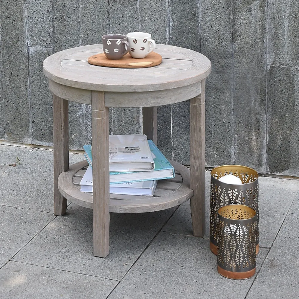 Richmond Weathered Teak Wood Outdoor Side Table with Shelf