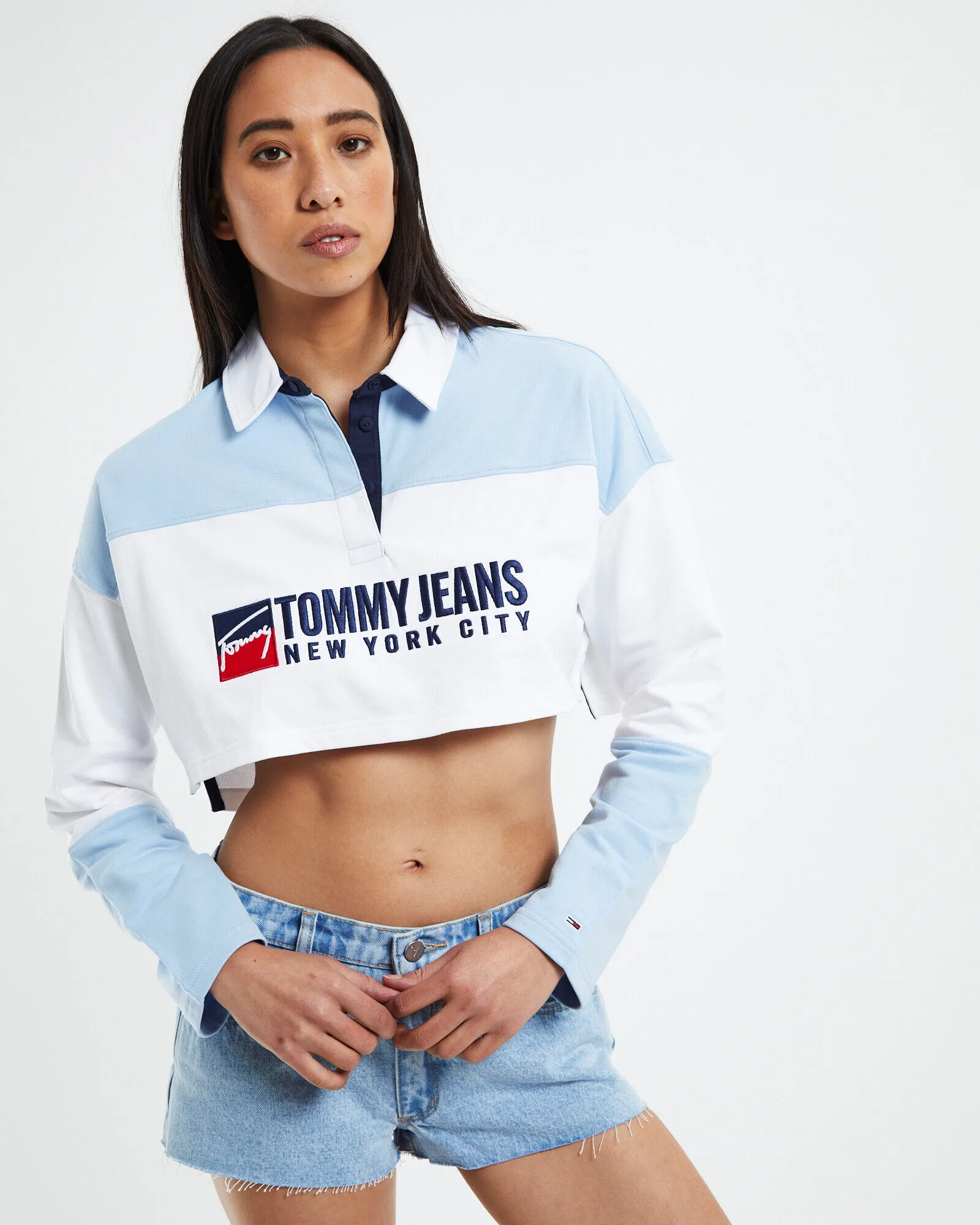 Tommy Jeans TJW Super Crop TJ Athletic Long Sleeve Polo Chambray Sky Blue