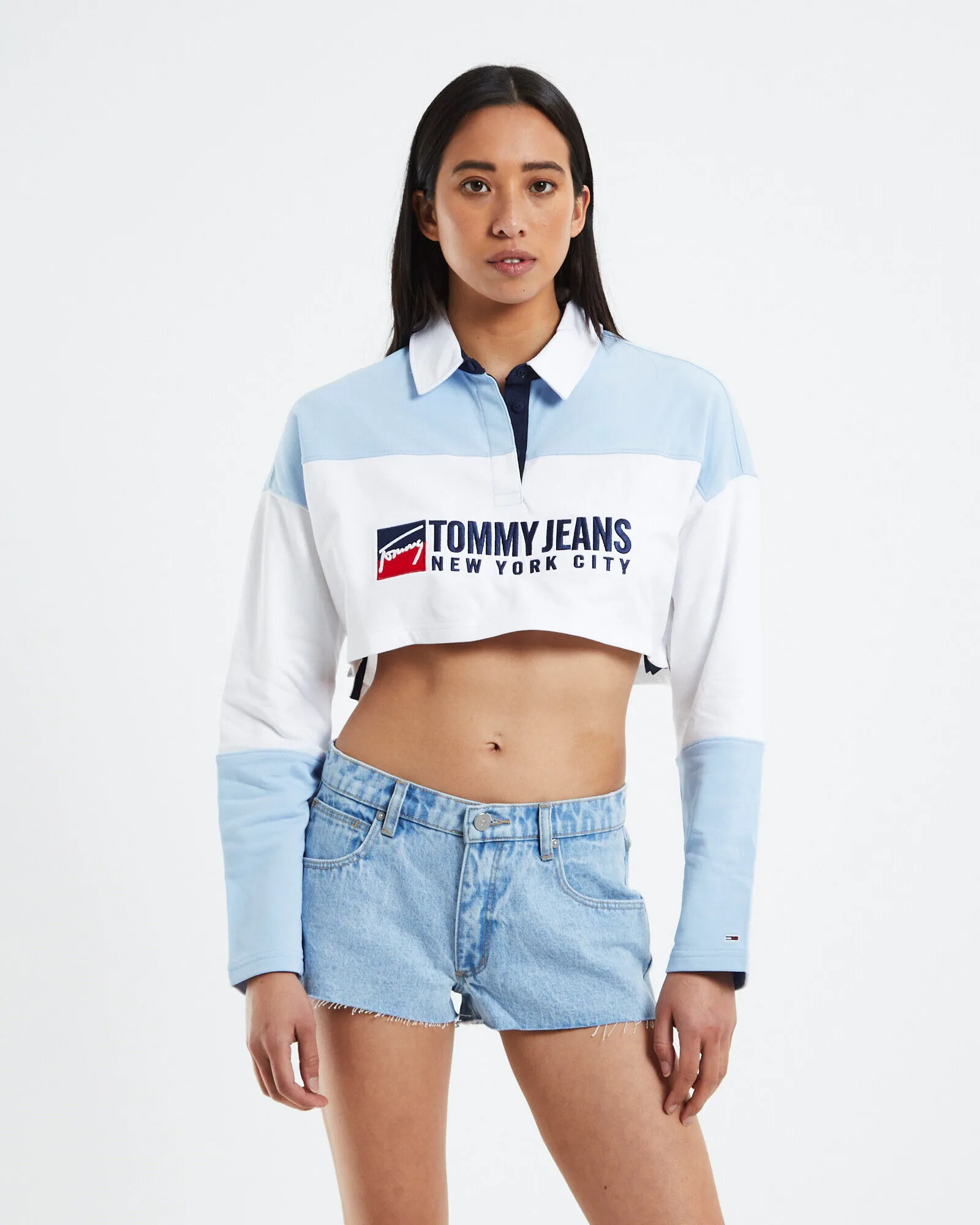 Tommy Jeans TJW Super Crop TJ Athletic Long Sleeve Polo Chambray Sky Blue