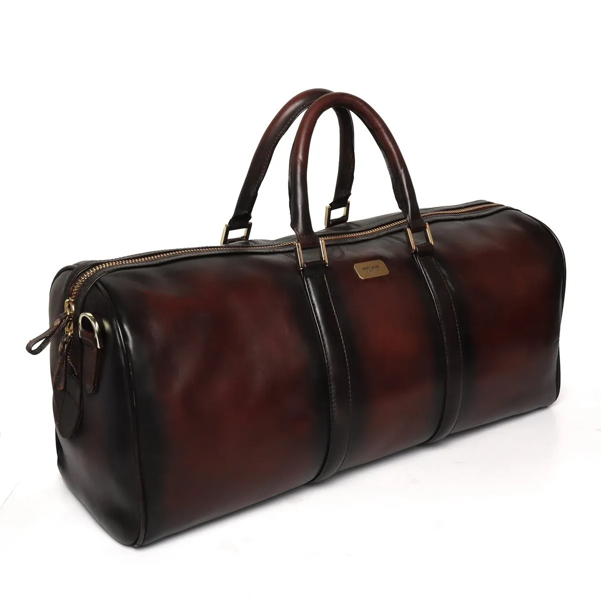 Veg Tanned Duffle Bag Dark Brown Hand Painted Leather With Golden Accent