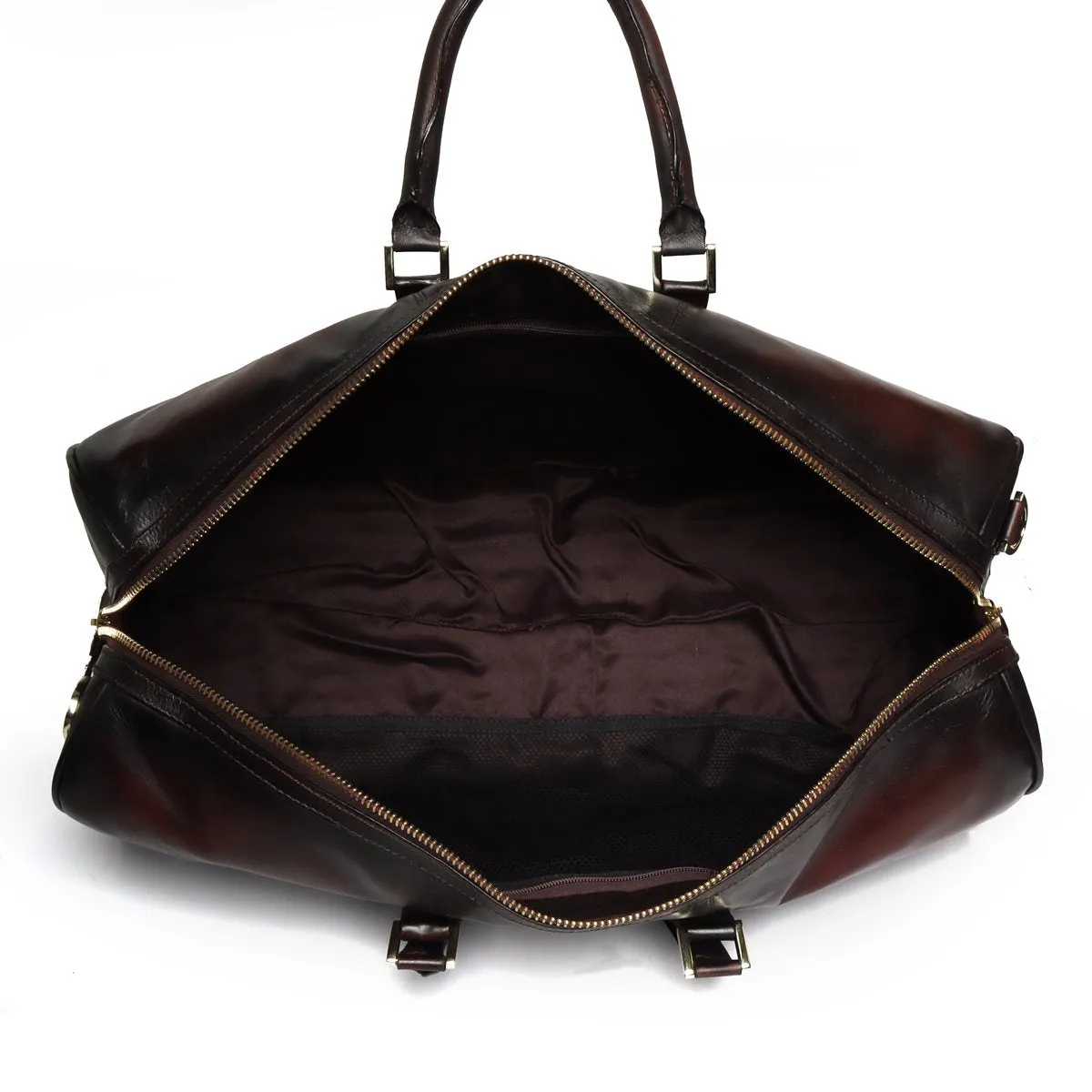 Veg Tanned Duffle Bag Dark Brown Hand Painted Leather With Golden Accent